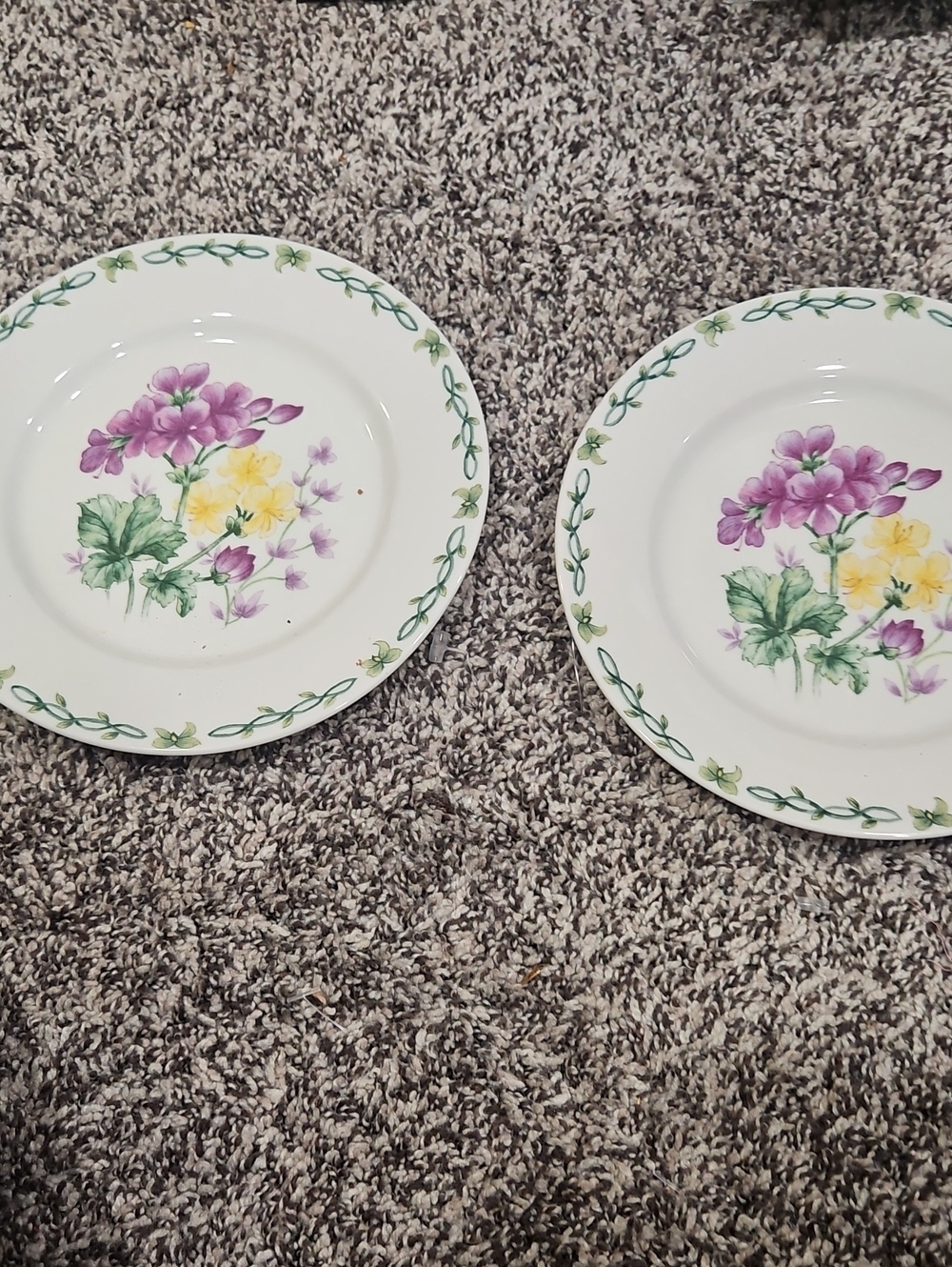 Thompson White Ceramic Plates with Purple, Yellow & Green Floral Motif